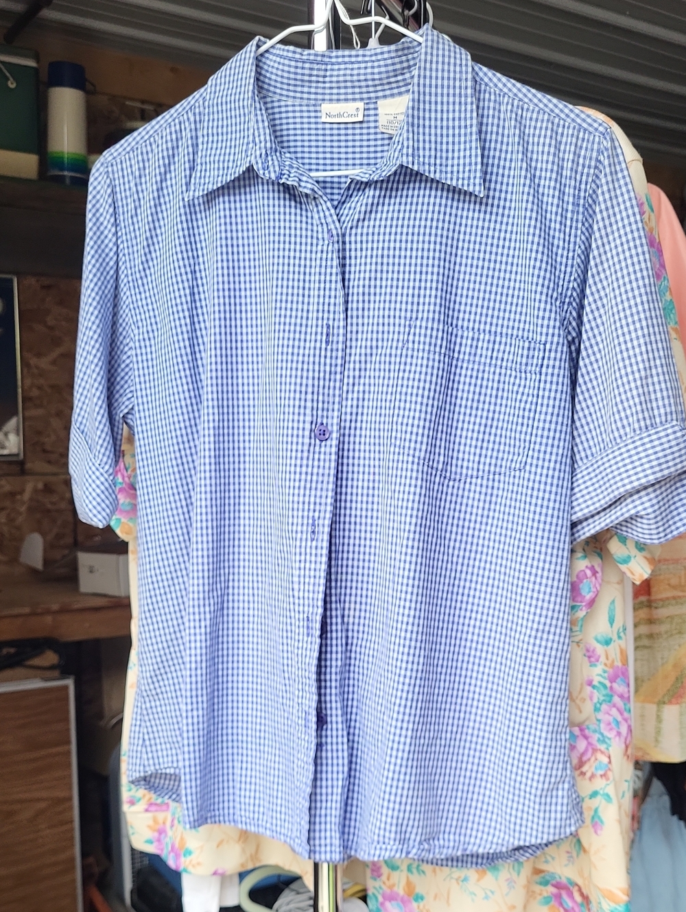 Northcrest Women's Light Blue Gingham Short-Sleeve Button Down Shirt